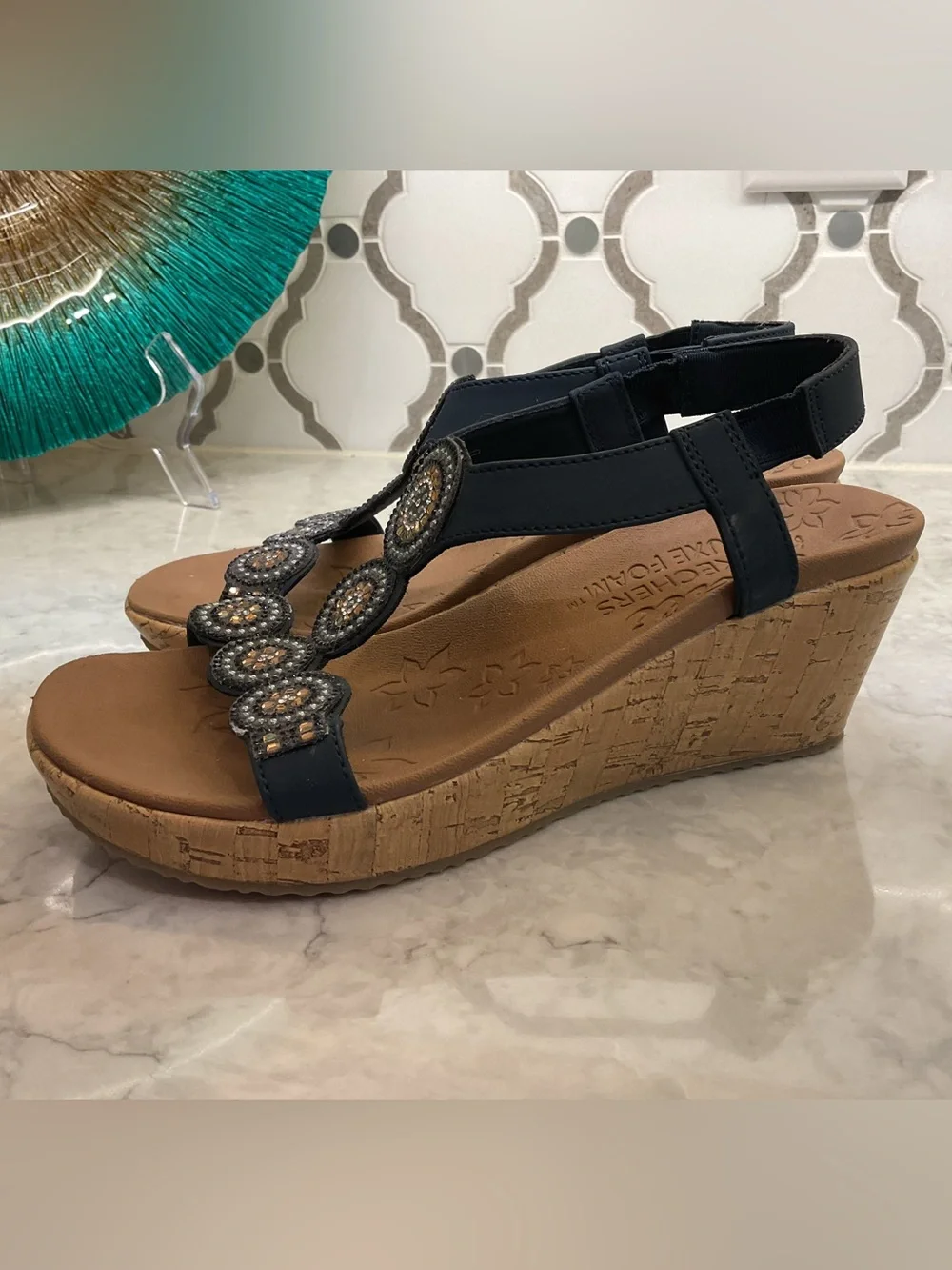 Skechers Black Beaded T-Strap Sandals with Tan Footbed